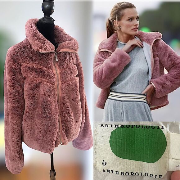 Anthropologie Faux Fur Jacket Teddy Bomber Chevron Detail Size L - Picture 1 of 16